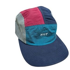 Huf Multicolor 5-Panel Nylon Cap Embroidered Logo Adjustable Strap Made In USA
